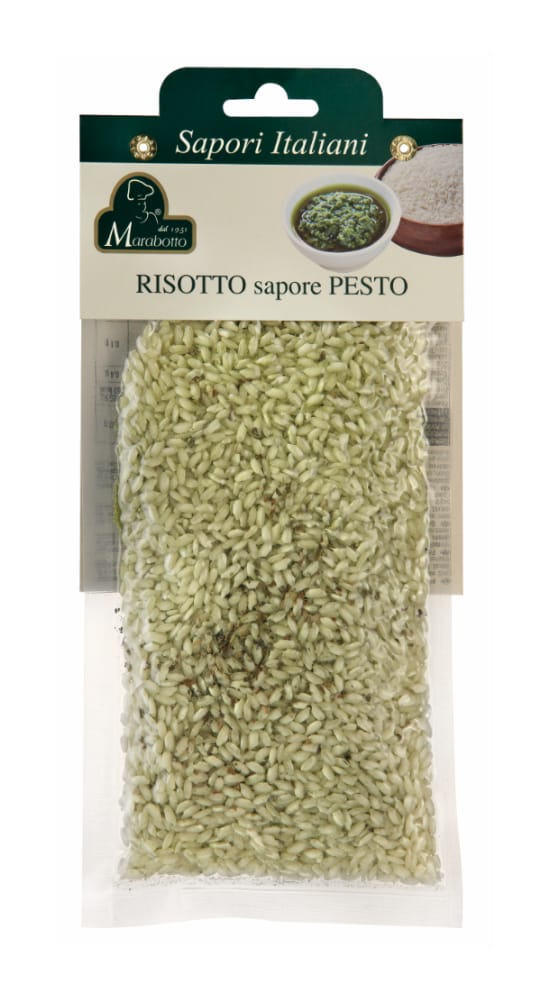 Preparation for risotto with pesto flavor.